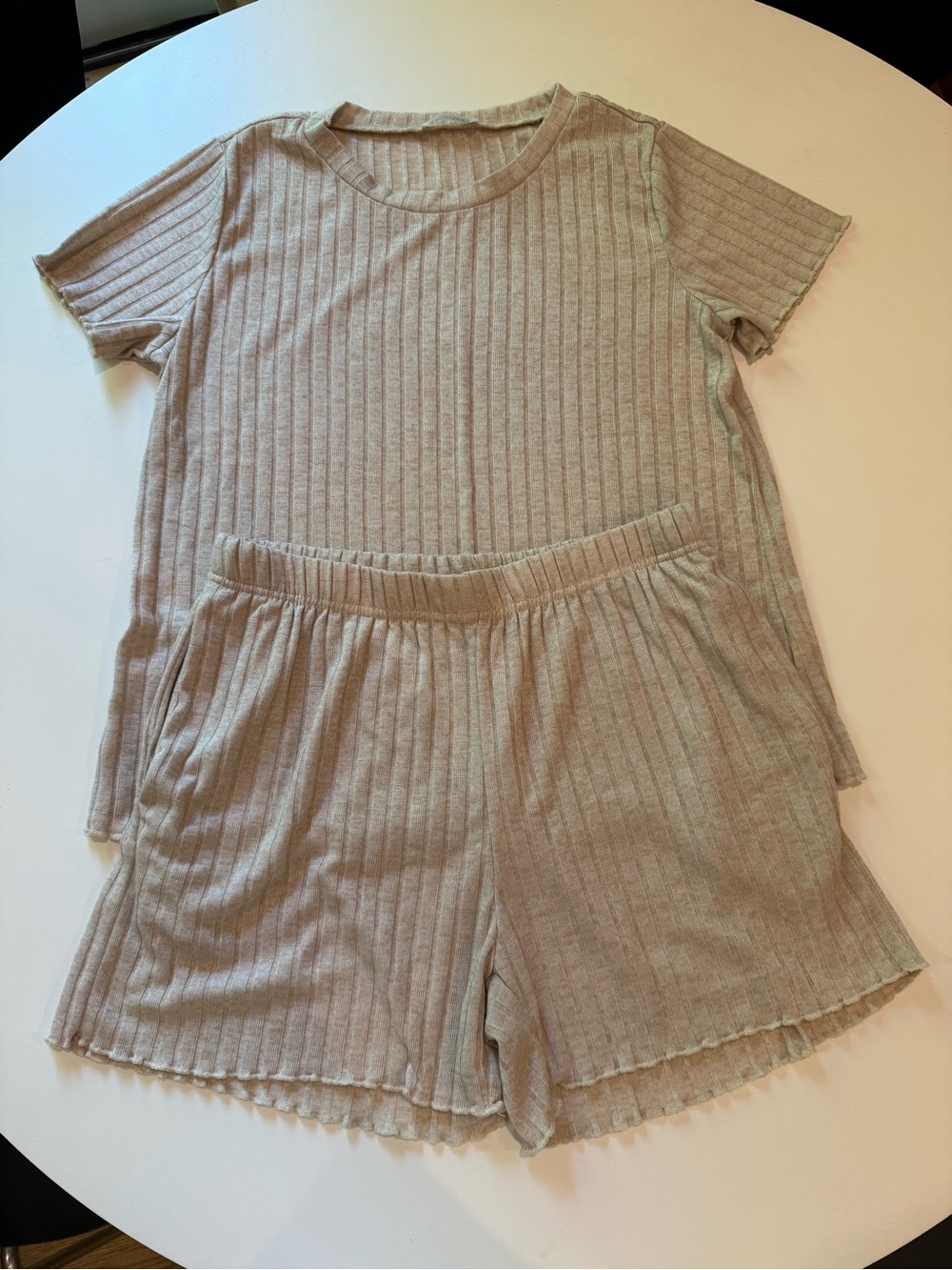 Ribbed Short Sleeve Top & Shorts Loungewear Set - Light Beige